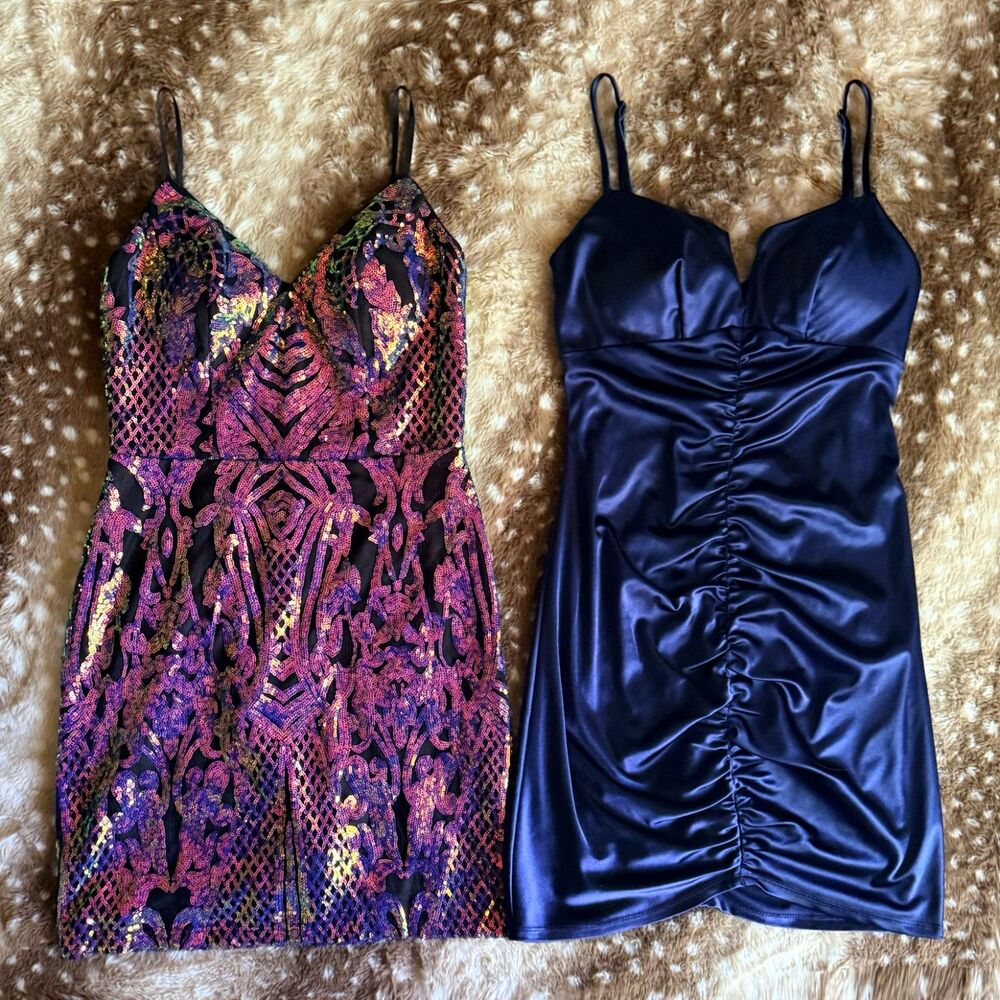 City Vibe + City Studio mini dress bundle holographic sequin navy satin bodycon